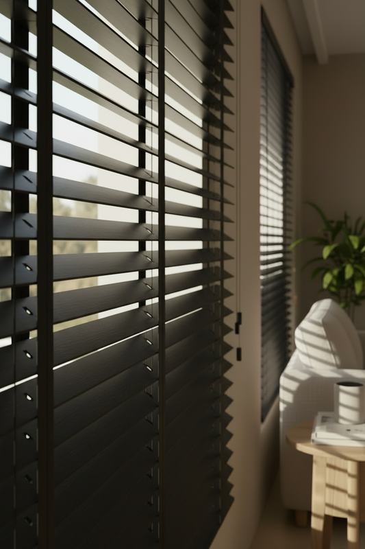 Schwarze Holz-Jalousie mit schwarzer Jalousie im Hintergrund